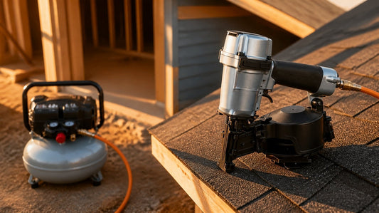 Compresor Metabo HPT EC914S conectado con manguera naranja a una clavadora de techo