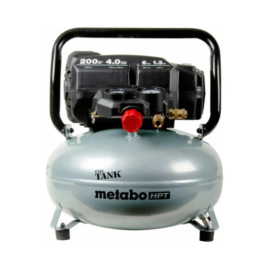 Compresor pancake Metabo HPT con tanque gris, asa negra y válvula roja