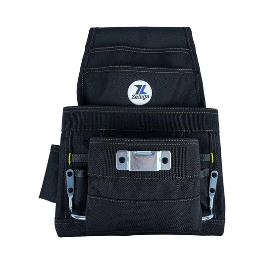Bolsa de herramientas negra con bolsillo frontal acolchado y sujeción metálica