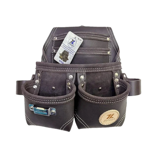 Bolsa de herramientas de cuero oscura con varios bolsillos y correa ajustable