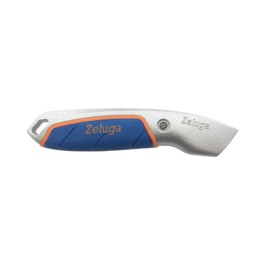 Cuchilla utilitaria Zeluga de hoja fija, mango azul/naranja y cuchilla plateada