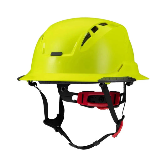 Casco de seguridad amarillo con arnés negro y hebilla roja, vista trasera