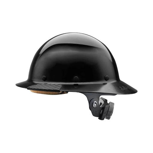 Casco de seguridad negro tipo ala completa con barboquejo, vista lateral