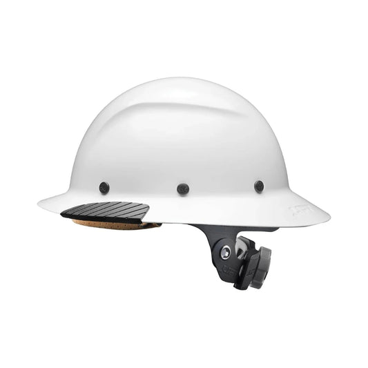Casco de seguridad blanco con barboquejo y ala frontal