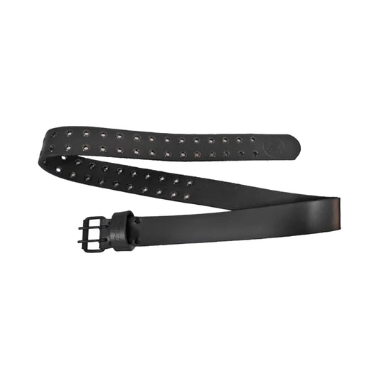 Cinturón de trabajo de cuero negro con perforaciones y hebilla metálica