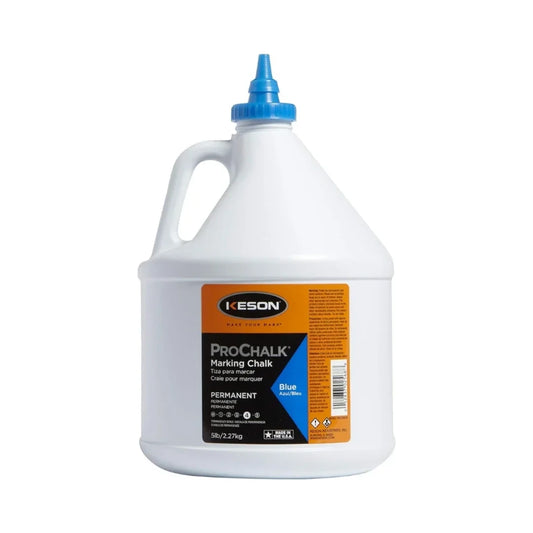 Envase de tiza de marcado permanente azul con tapa azul y etiqueta naranja
