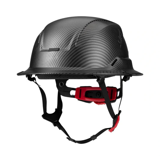 Casco de ala completa negro de fibra de carbono con cierre rojo y sistema de sujeción