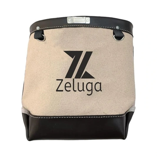 Bolsa de herramientas de lona beige y cuero negro, con logo Zeluga y asa superior