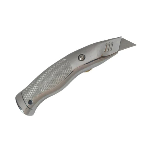 Cuchillo utilitario de hoja fija con mango gris texturizado y clip de fijación