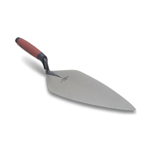 Paleta para ladrillo con hoja de acero gris y mango DuraSoft rojo-negro, forma curva.