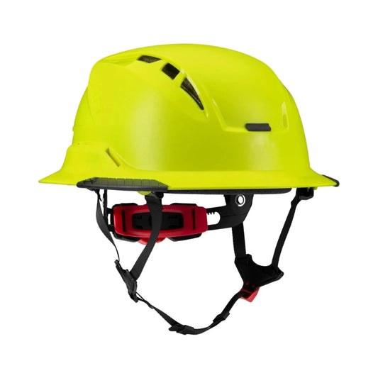 Casco de seguridad amarillo con barboquejo y hebilla roja, vista lateral