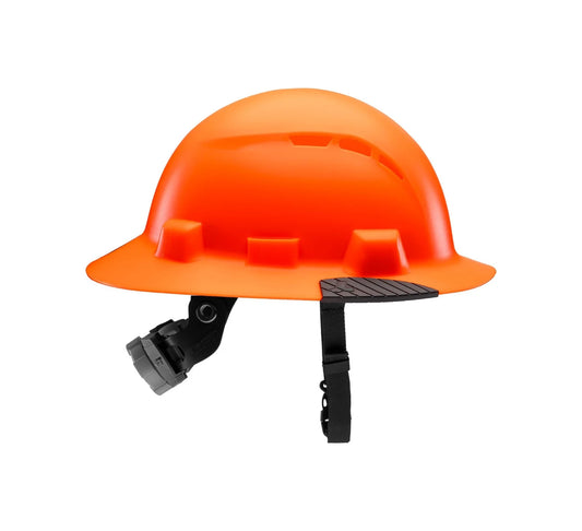 Casco de seguridad naranja con ventilación lateral y pieza de sujeción negra