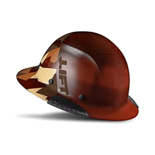 Casco de seguridad color cobre con visor y estampado tipo camuflaje