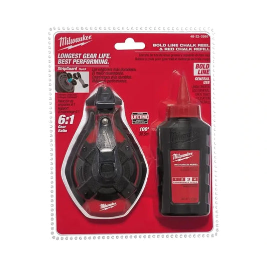 Kit de línea con tiza roja Milwaukee en empaque, carrete y frasco de tiza