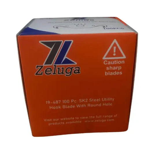 Caja naranja de cuchillas utilitarias con avisos de seguridad