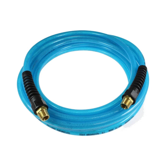 Rollo de manguera de aire azul con conectores metálicos dorados y espiral negra
