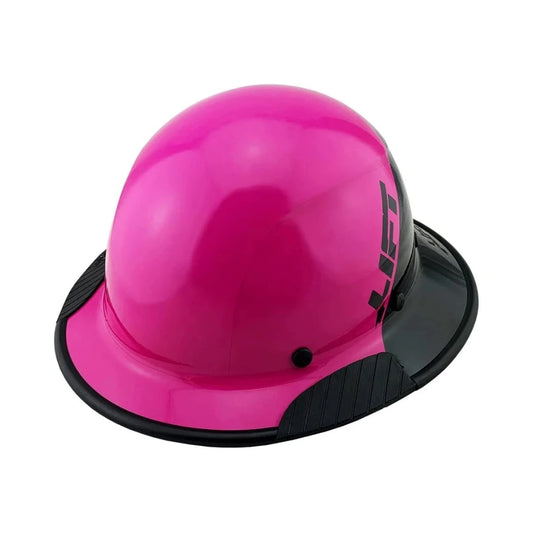 Casco de ala completa rosa con ala negra y cierre frontal