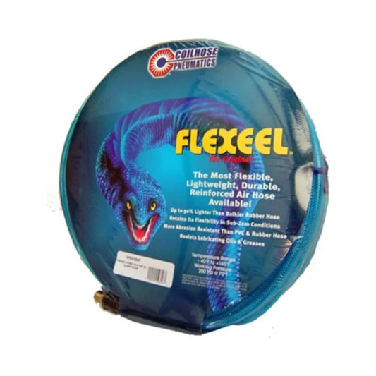 Rollo de manguera de aire azul en empaque con etiqueta Flexeel y logo Coilhose