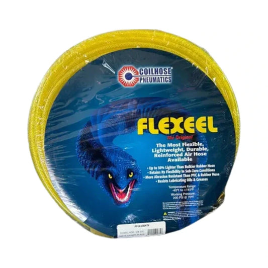 Manguera de aire amarilla enrollada con etiqueta Flexeel y logotipo Coilhose Pneumatics