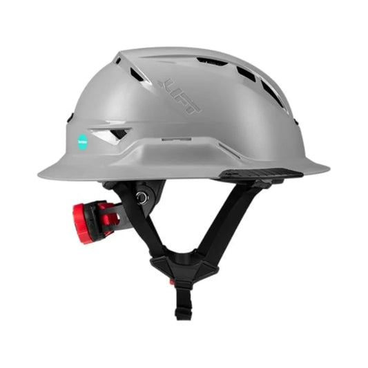 Casco de seguridad gris con barboquejo negro y anclaje rojo frontal