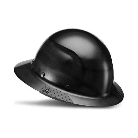 Casco de seguridad negro con certificaciones ANSI y EN visibles