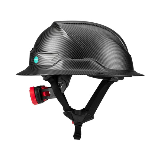 Casco de ala completa negro de fibra de carbono con barboquejo y cierre rojo