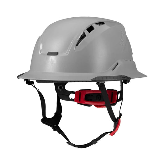 Casco de seguridad gris con ventilaciones laterales y módulo rojo de fijación