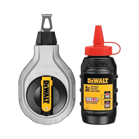 Carrete de tiza DEWALT con botella de tiza roja y boquilla de dispensación