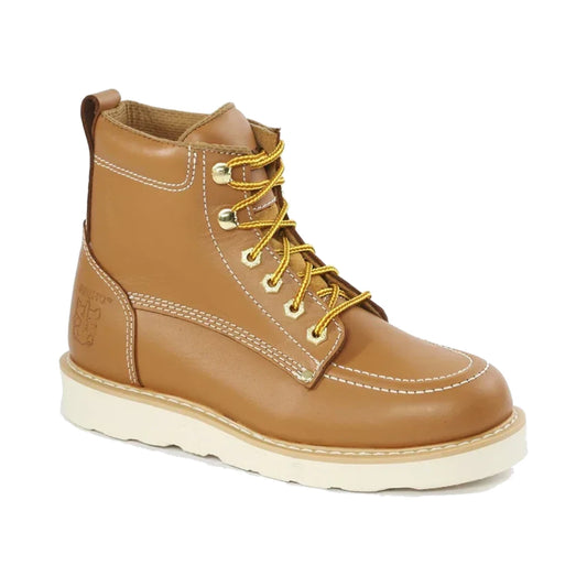 Botas de trabajo de cuero Rhino 62T06, bota marrón con cordones amarillos y suela blanca