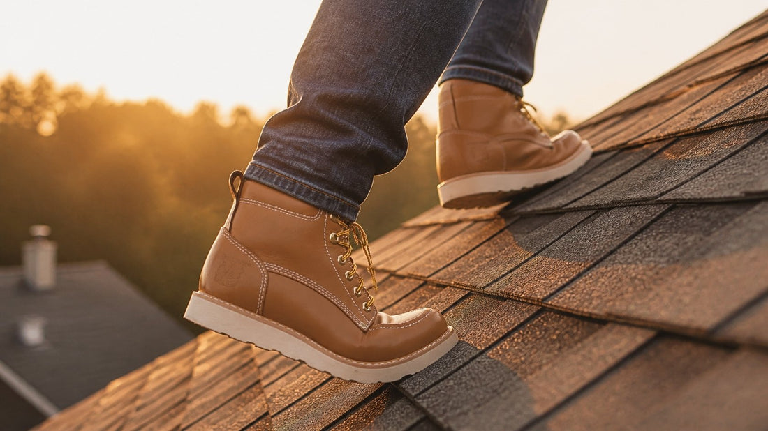 Botas de trabajo Rhino 62T06 color tan subiendo un techo inclinado