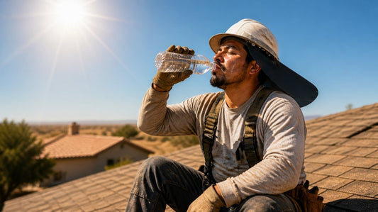 Roofer con parasol Zeluga 15-483 en el casco tomando agua en un techo de Texas