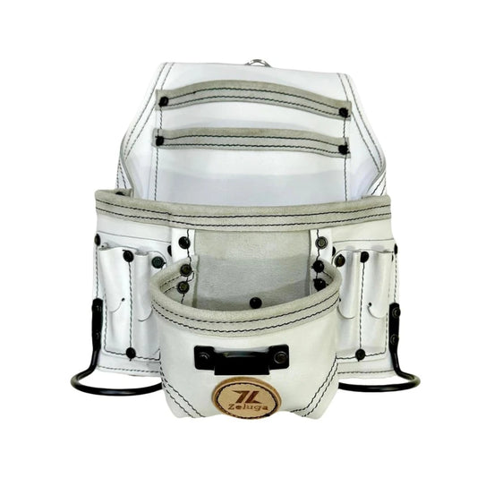 Morral De herramientas de cuero resistente, Blanco Con 10 compartimentos 20-508
