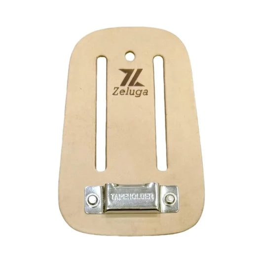 Soporte de cuero beige para cinta métrica, con placa metálica y orificios