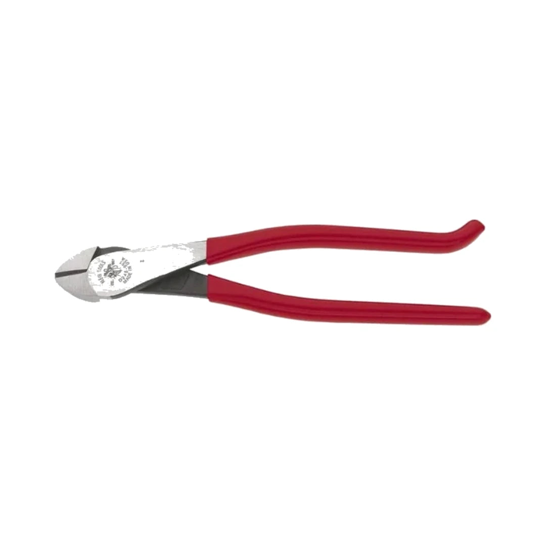 Alicates de corte diagonal con mango rojo y cabezal plateado inclinado, en reposo