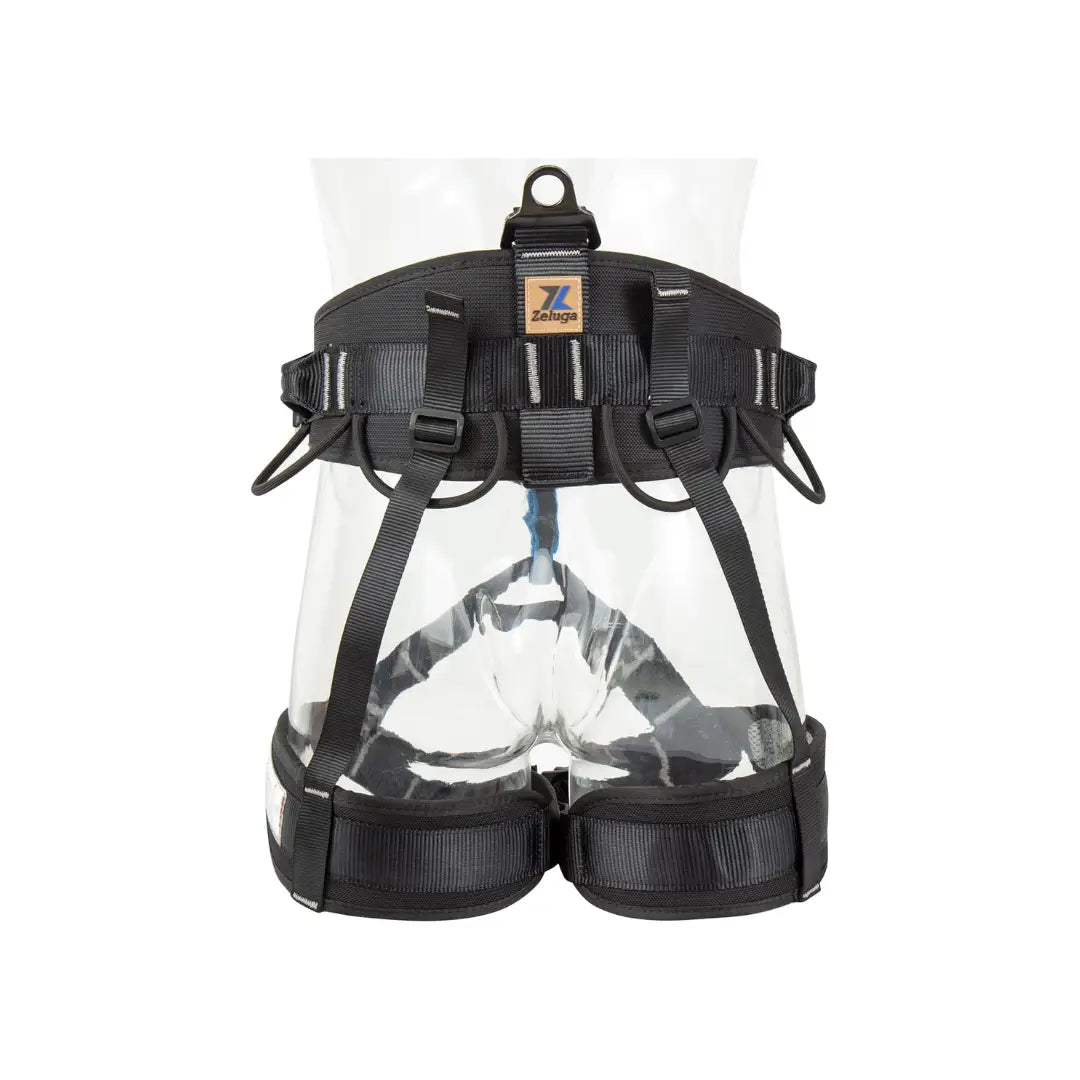 Arnés de escalada de cuerpo medio negro, con arnés frontal y perneras acolchadas