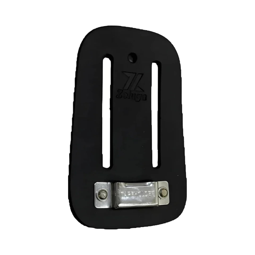 Soporte de cuero negro para cinta métrica con hebilla metálica rectangular