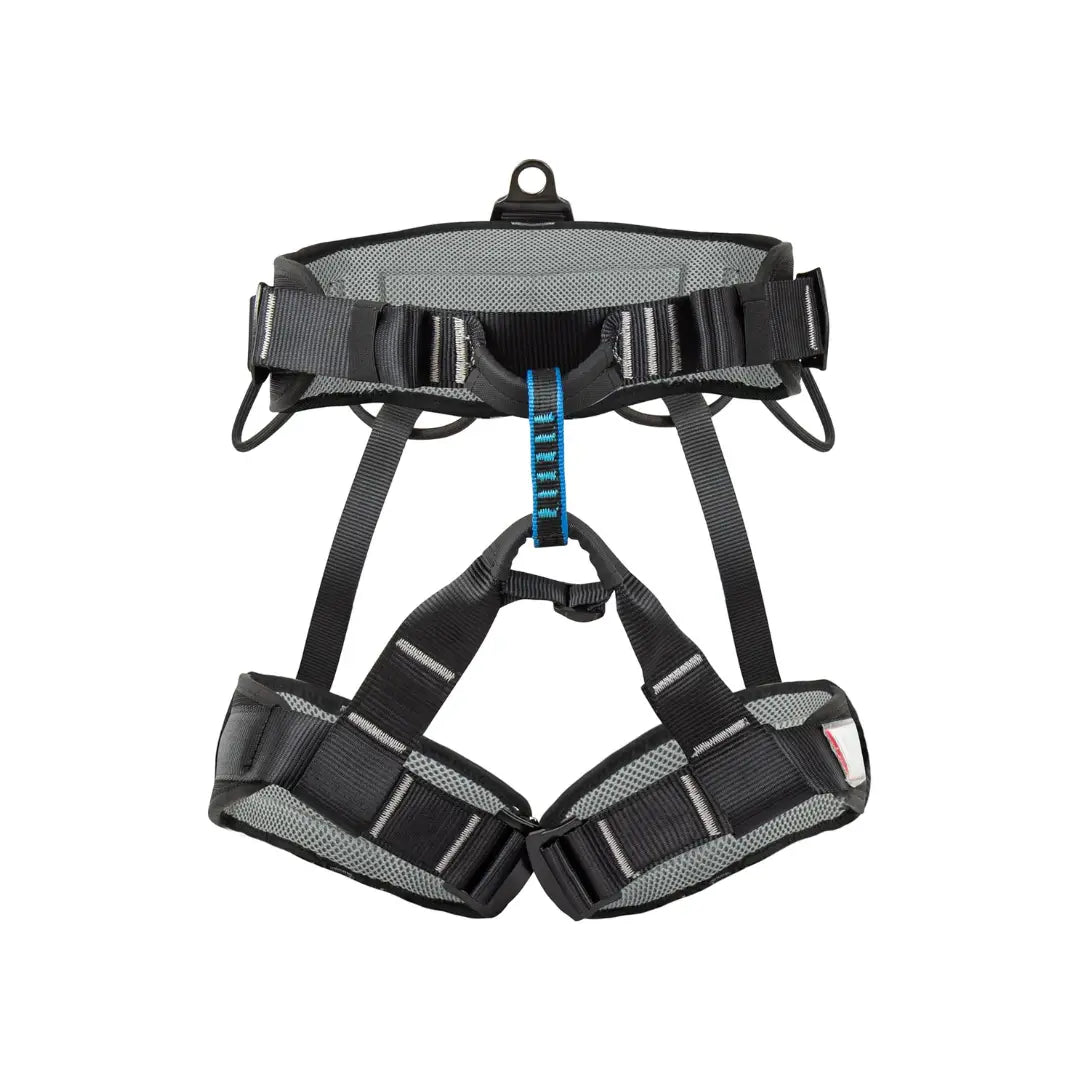 Arnés de escalada cuerpo medio negro con arnés frontal y cinta azul central