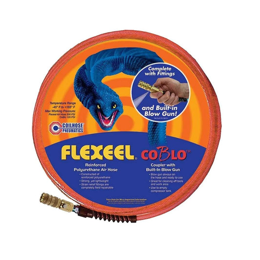 Manguera de aire naranja Flexeel de 1/4 pulgadas 100 pies con pistola de soplado CoBlo PFE6100TQ15CB
