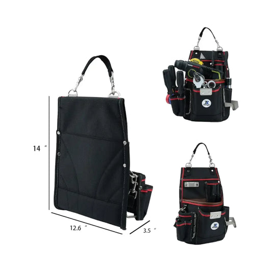 Bolsa porta herramientas negra con bolsillos rojos y compartimentos laterales, vista trasera