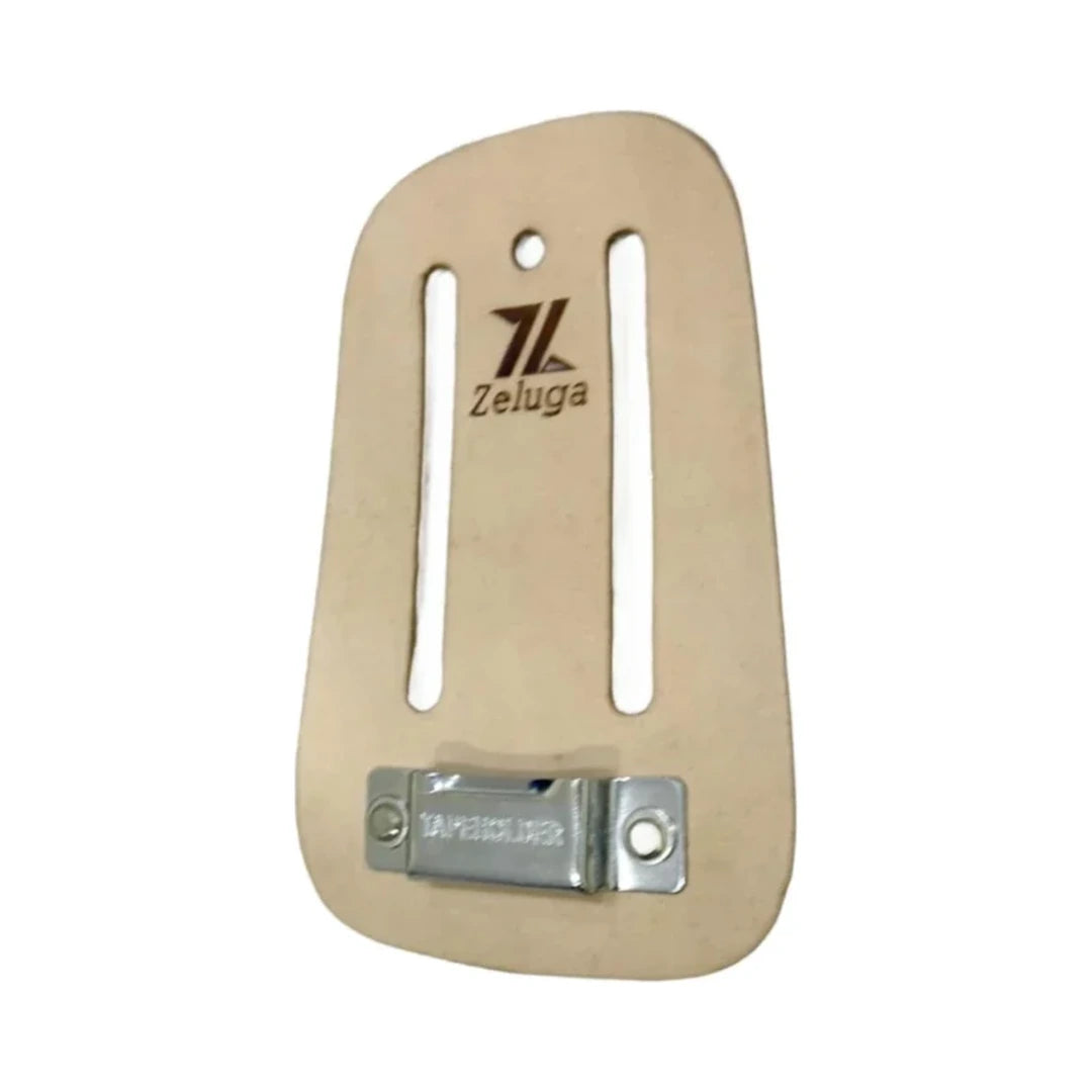 Soporte de cuero beige para cinta métrica, con placa metálica y tornillos