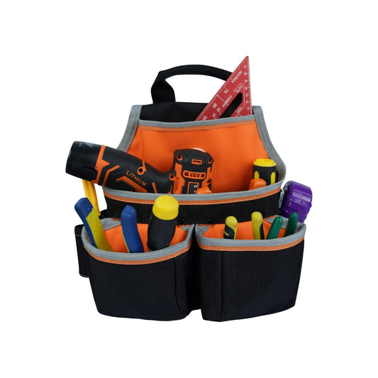 20-220 Bolsa de Herramientas de Nailon de Doble Bolsillo con Soporte de Cinta Métrica - Naranja/Negro