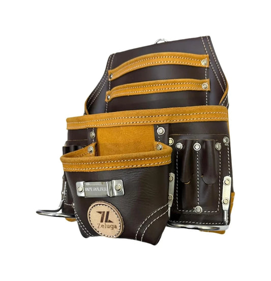 Morral De herramientas de cuero resistente, café Con 10 compartimentos 20-164
