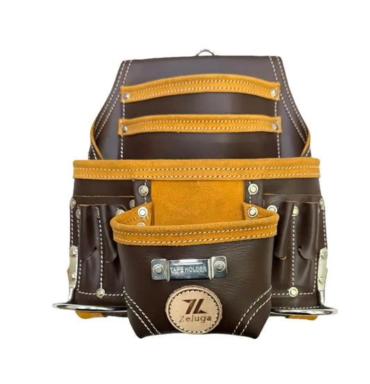 Morral De herramientas de cuero resistente, café Con 10 compartimentos 20-164