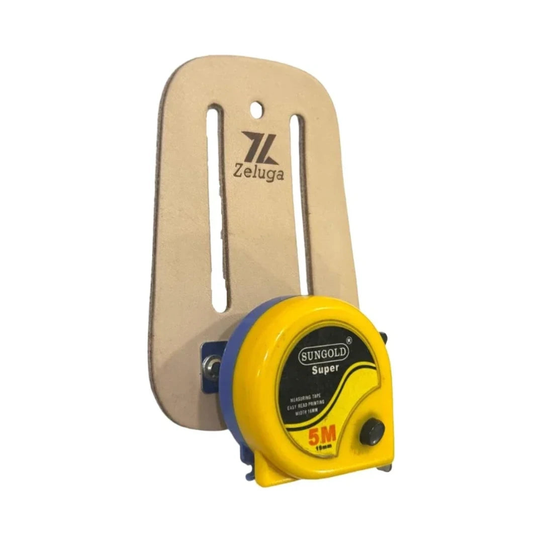 Soporte de cuero beige para cinta métrica, con cinta enrollada y carcasa amarilla