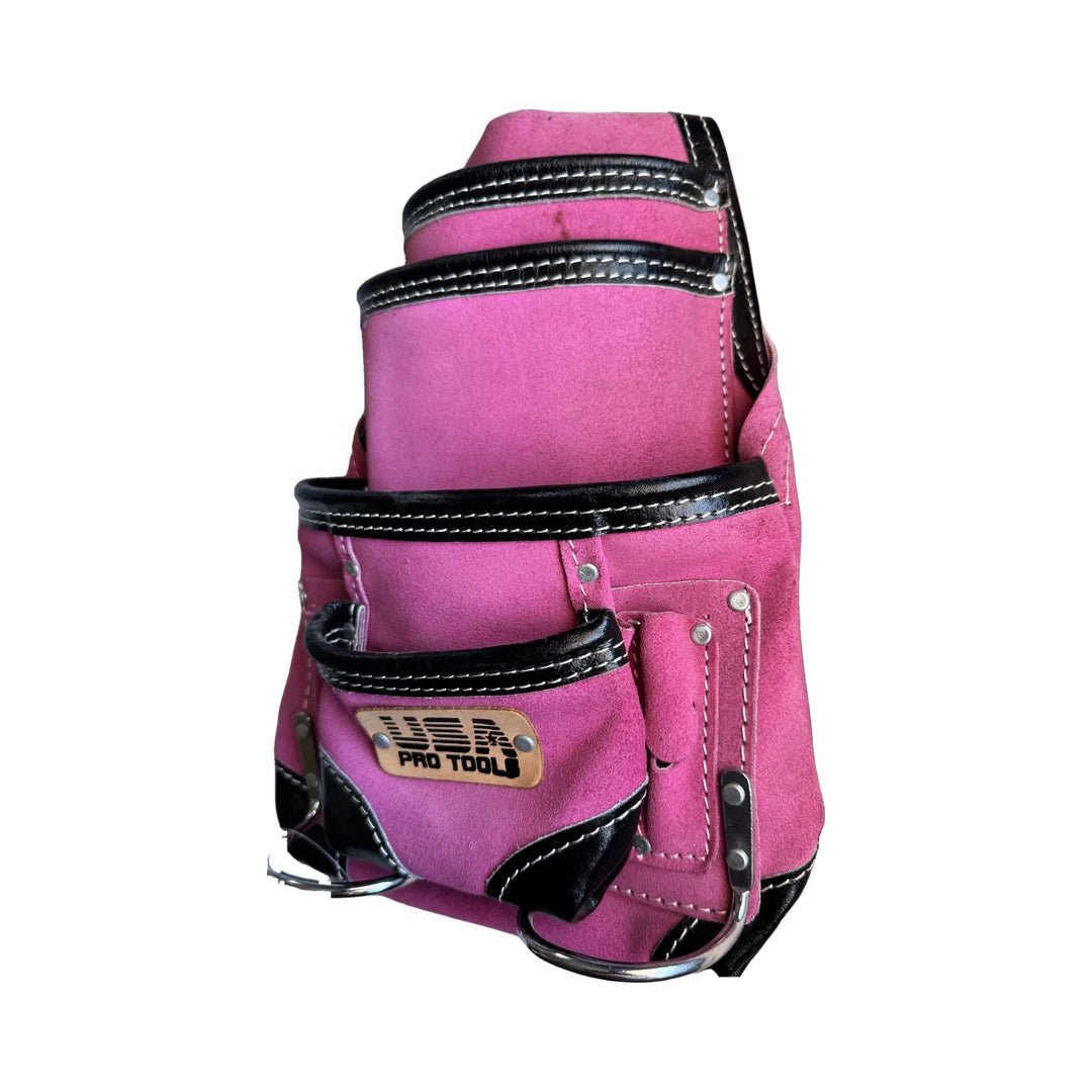 Bolsa de herramientas de gamuza rosa USA Pro Tools 10 bolsillos, vista de lado