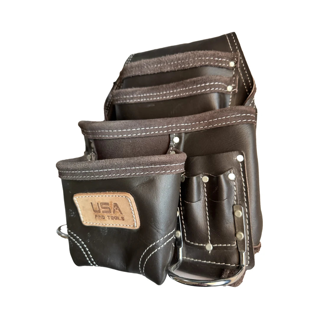 Bolsa de herramientas de cuero USA Pro Tools P-1213 café oscuro con café claro, vista tres cuartos