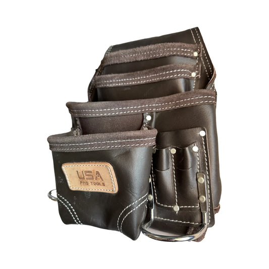 Bolsa de herramientas de cuero USA Pro Tools P-1213 café oscuro con café claro, vista tres cuartos