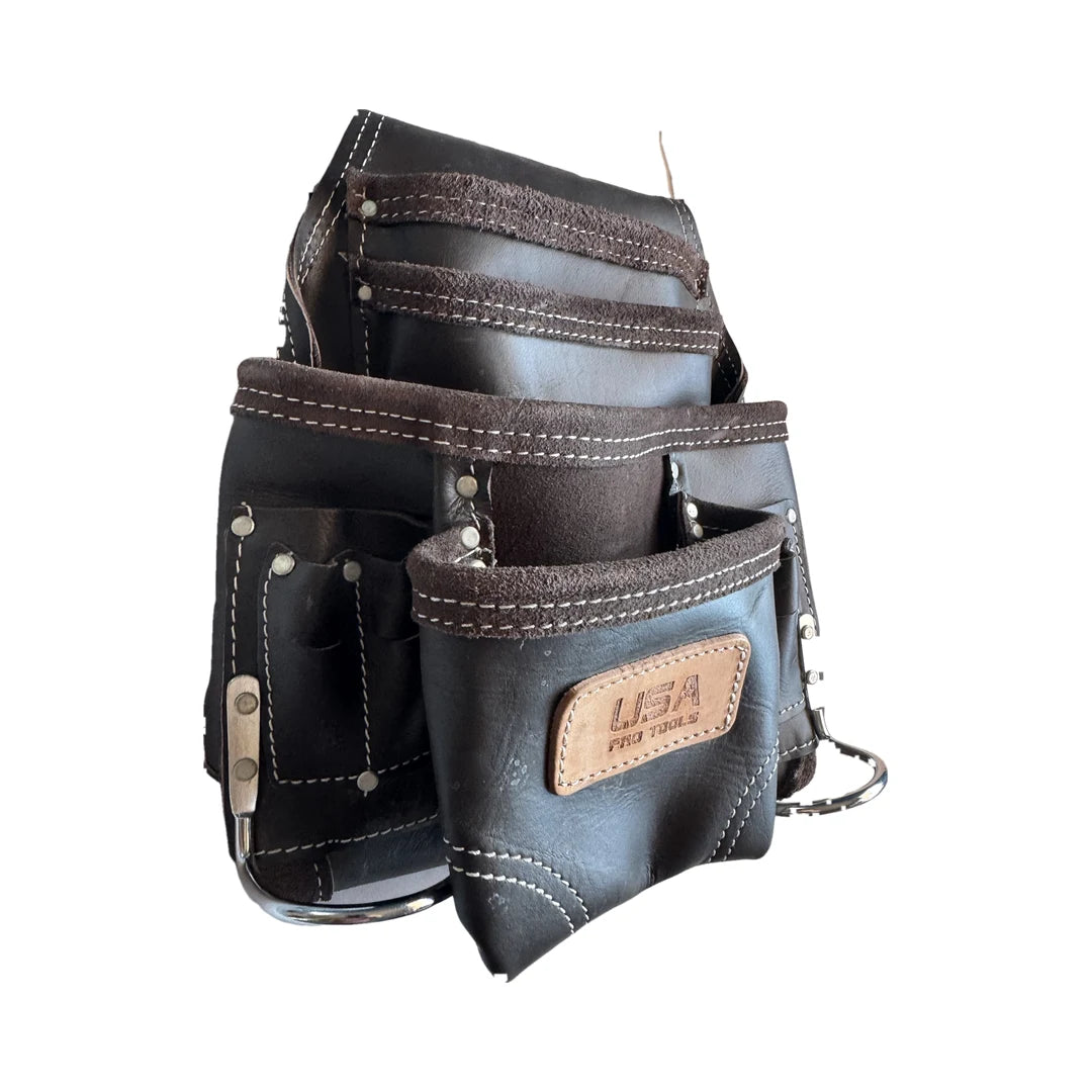 Bolsa de herramientas de cuero USA Pro Tools P-1213 café oscuro con café claro, vista de lado