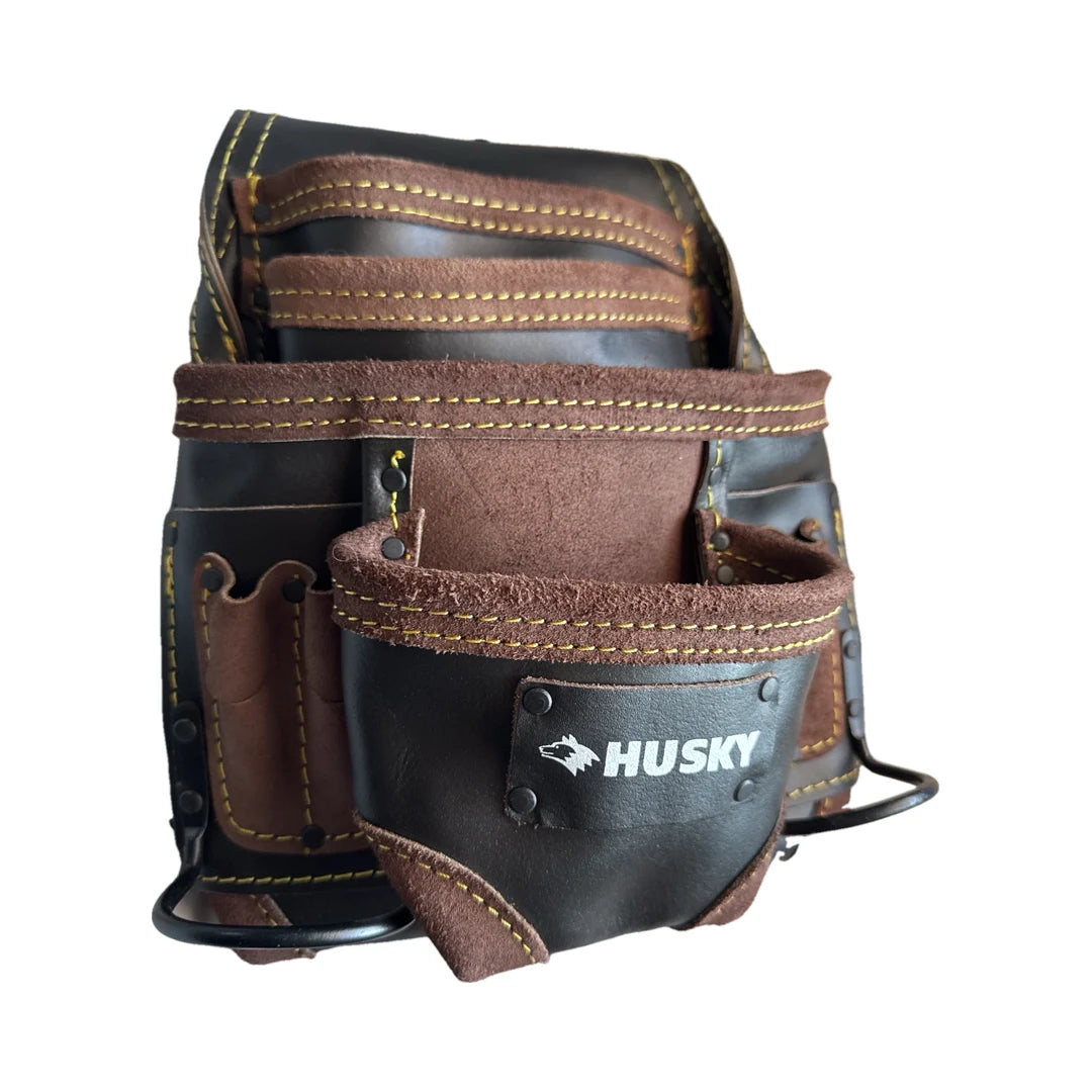 Bolsa de herramientas de cuero oil tan P-1289, vista de lado con porta martillos