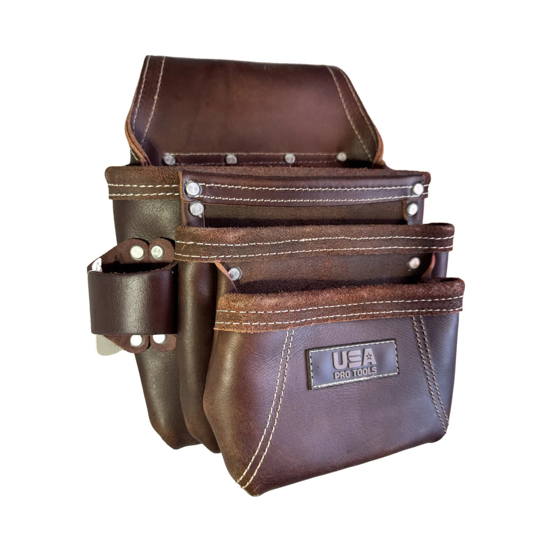 Bolsa de herramientas de cuero USA Pro Tools SST-1255, vista de lado con porta martillo